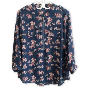 Navy Blue Sheer Floral Flowy Blouse Top